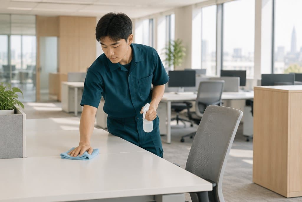 A cleaner preparing an office for the day