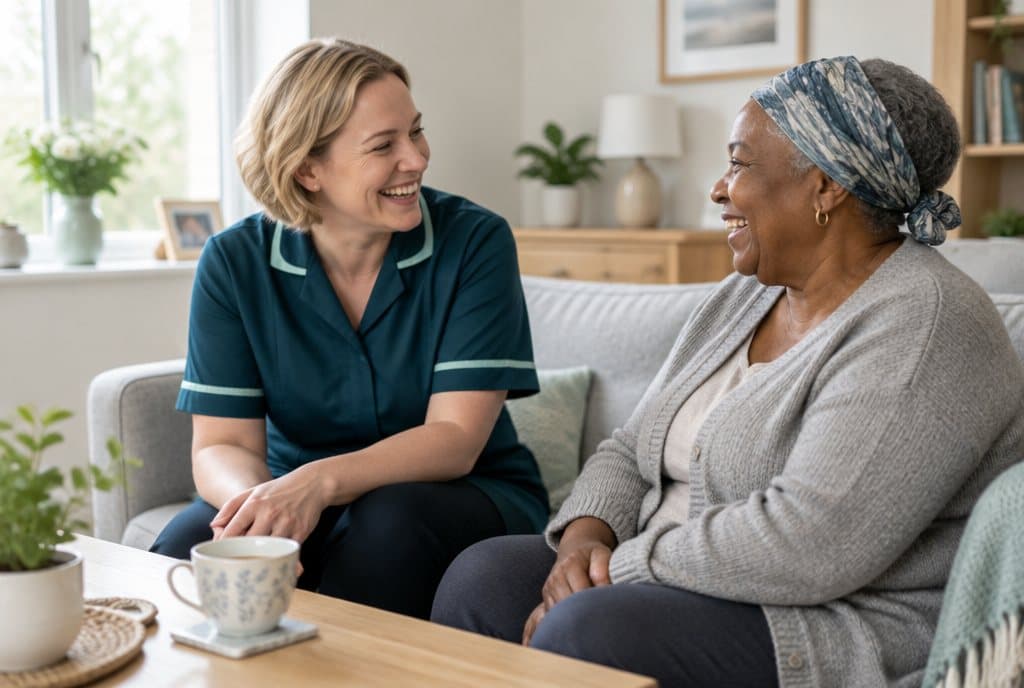 A home help laughing with an older woman on her sofa
